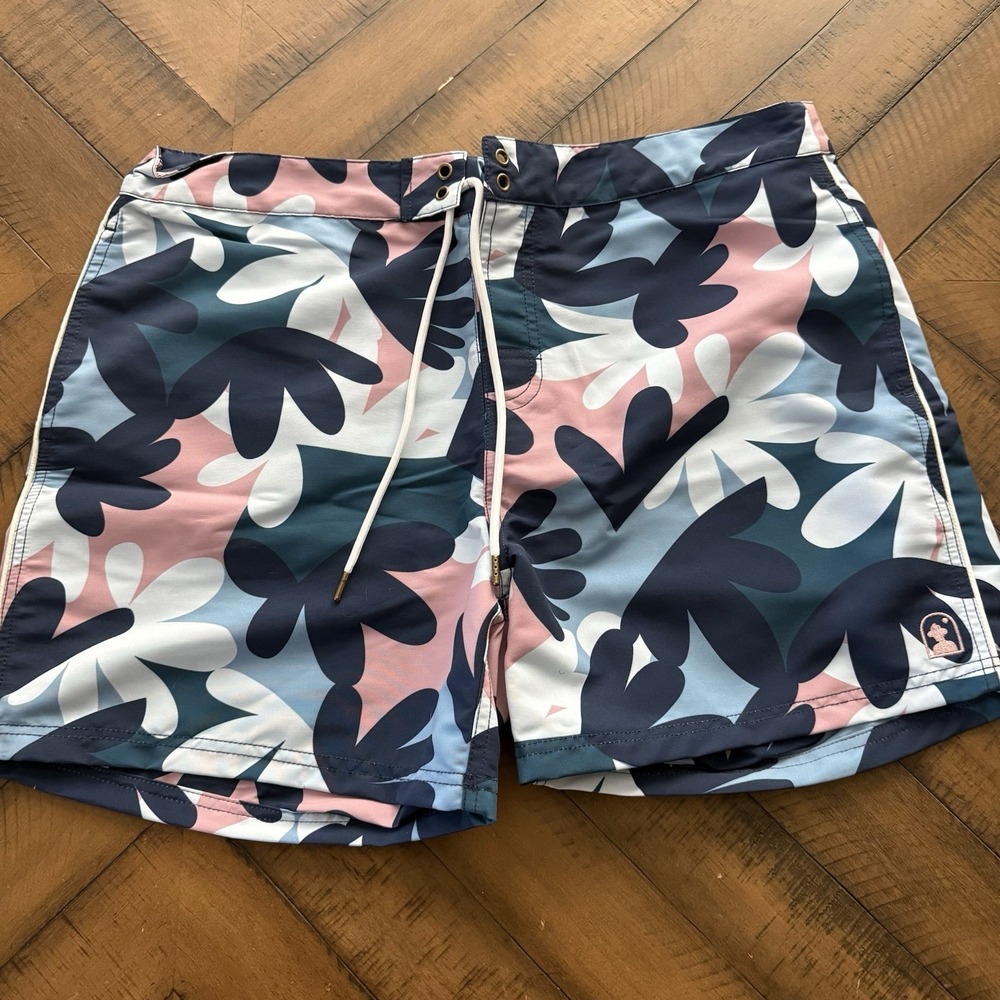 Dandy Del Mar Shorts Mens 34 Blue Riviera Trunks Floral Board 5" Drawstring